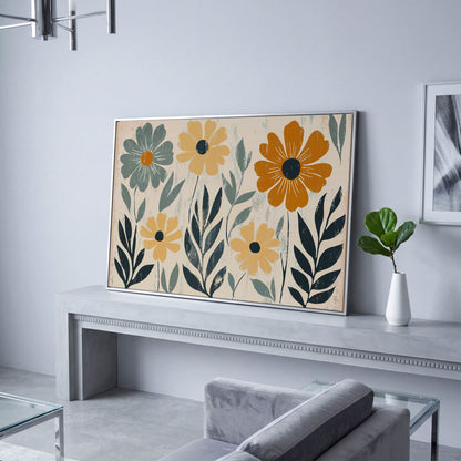 Daisy Floral Canvas Wall Art, Stylized Botanical Print in silver floating frame