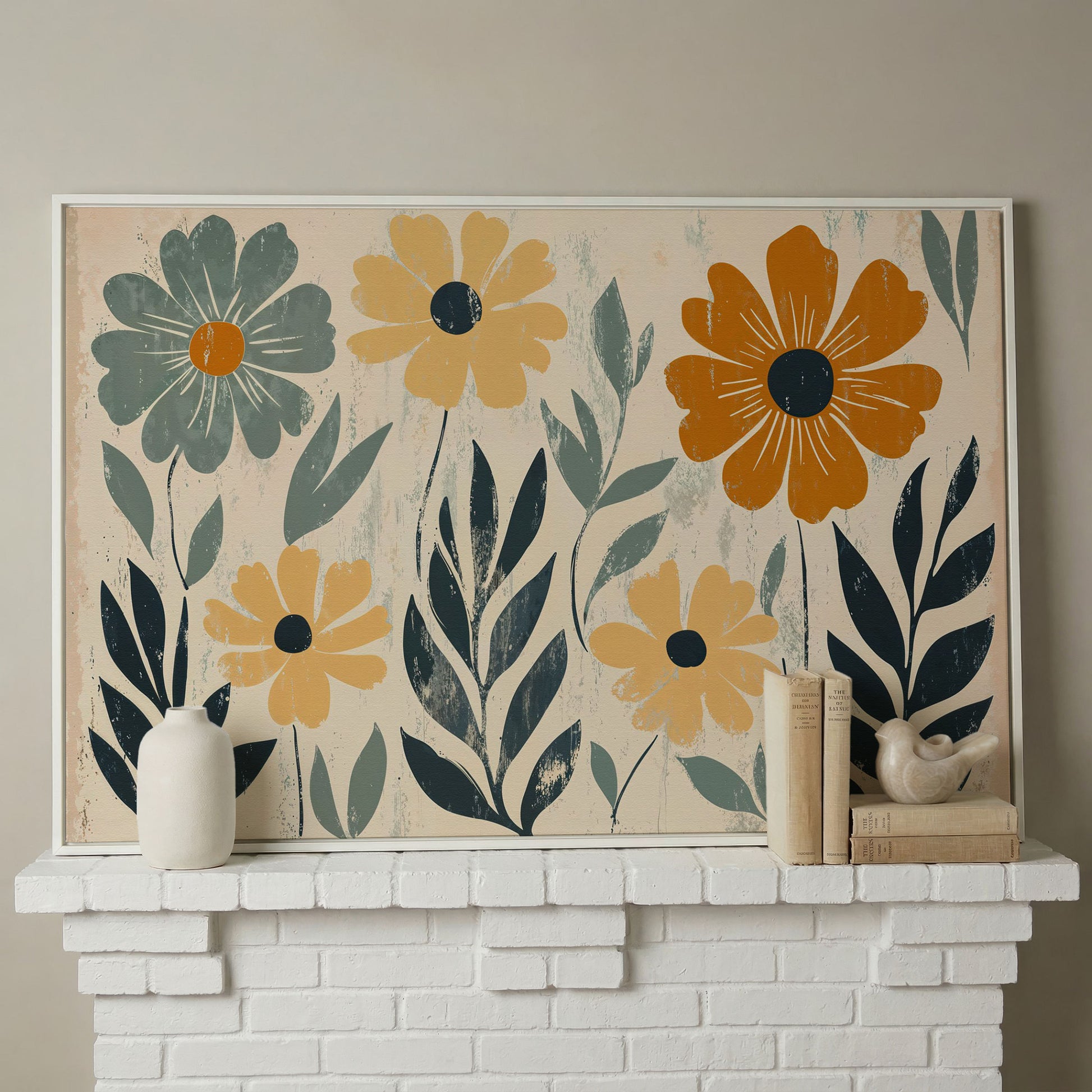 Daisy Floral Canvas Wall Art, Stylized Botanical Print in white floating frame