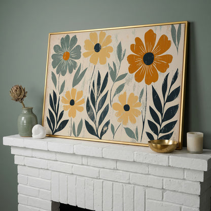 Daisy Floral Canvas Wall Art, Stylized Botanical Print in yellow gold floating frame