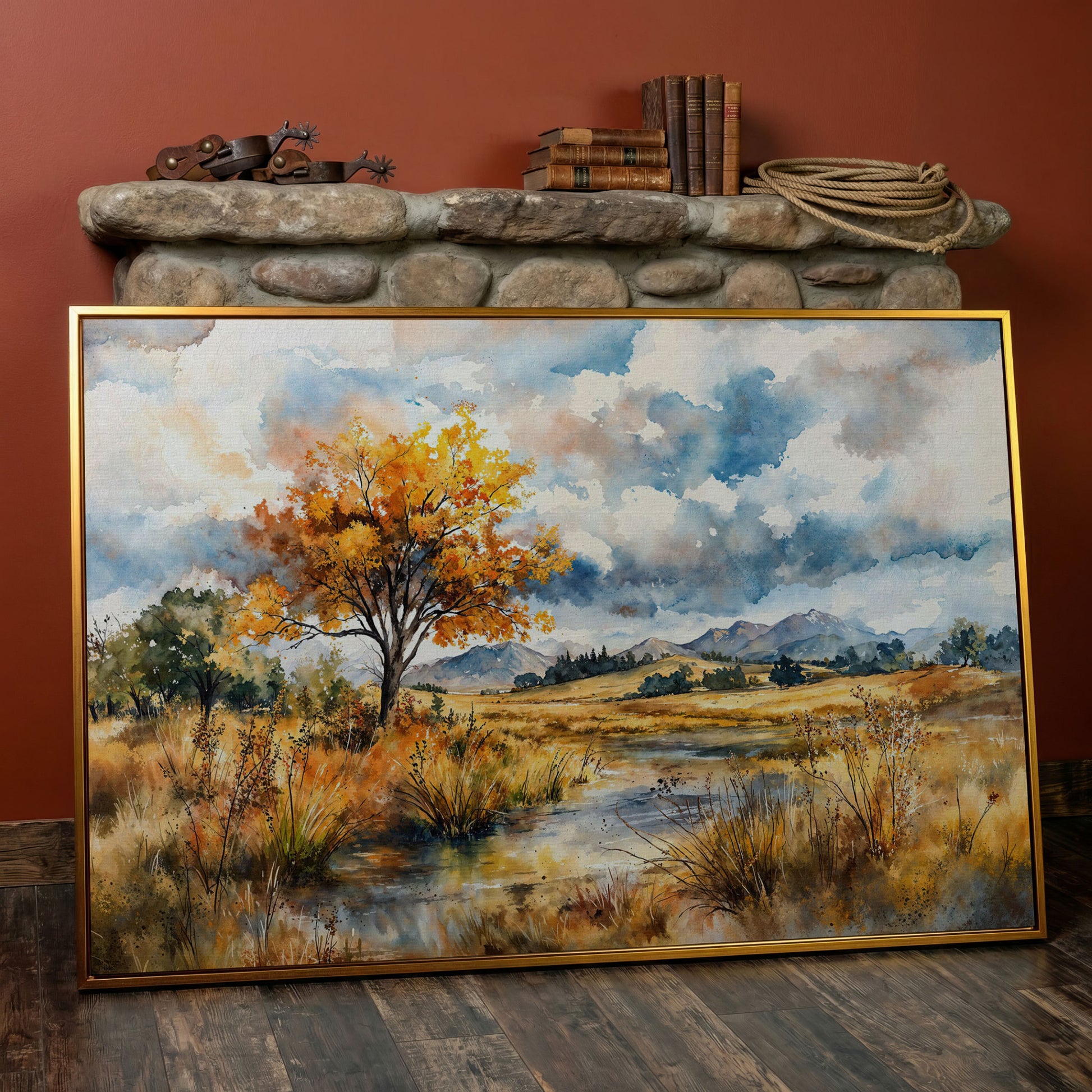 Autumn Mountains Canvas Print, Landscape in antique gold floating frame