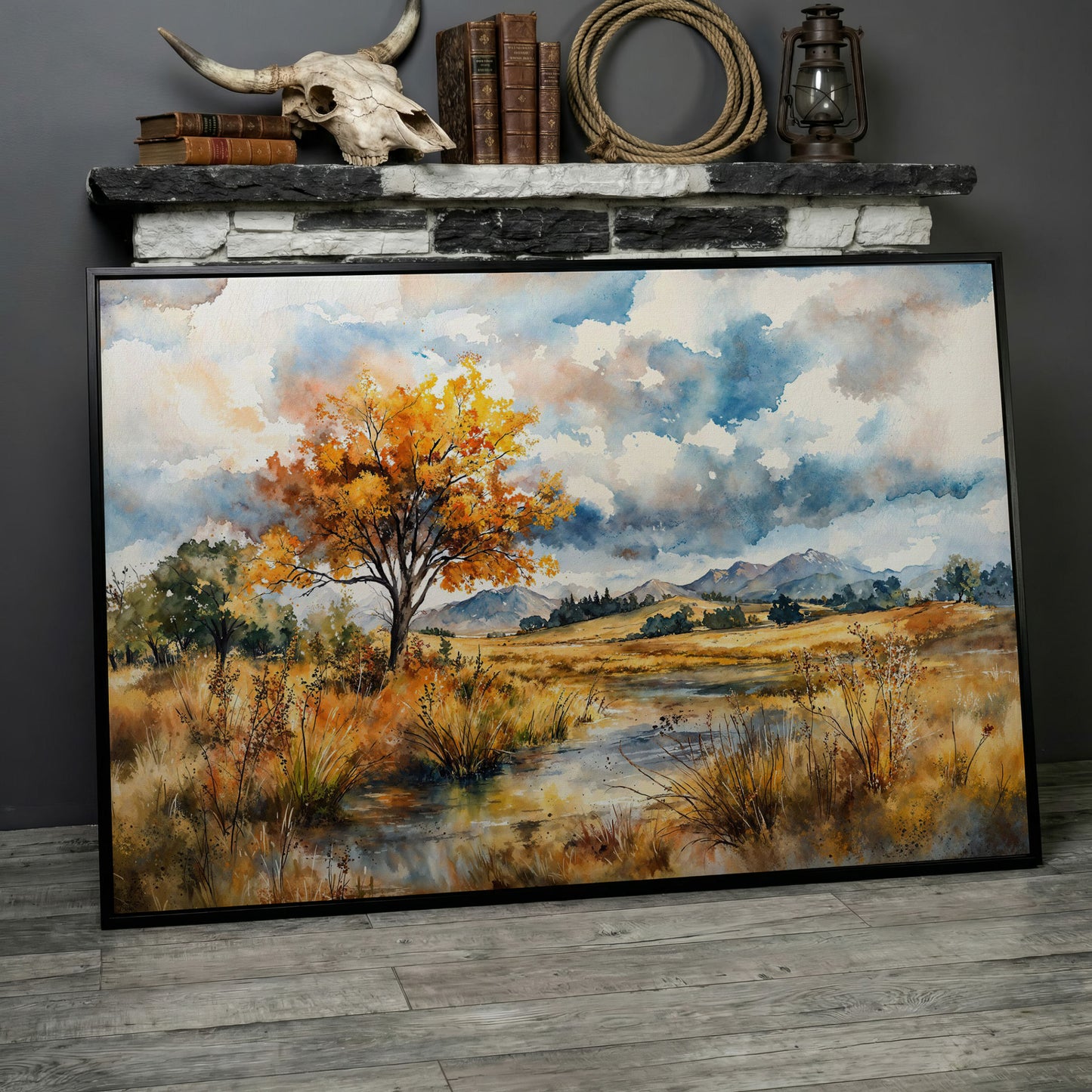 Autumn Mountains Canvas Print, Landscape in black floating frame