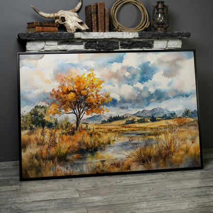 Autumn Mountains Canvas Print, Landscape in black floating frame