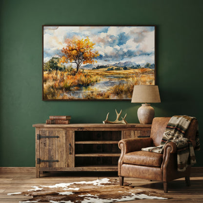 Autumn Mountains Canvas Print, Landscape in dark walnut floating frame
