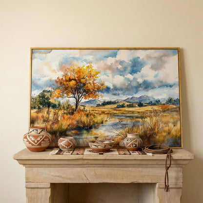 Autumn Mountains Canvas Print, Landscape in white oak floating frame