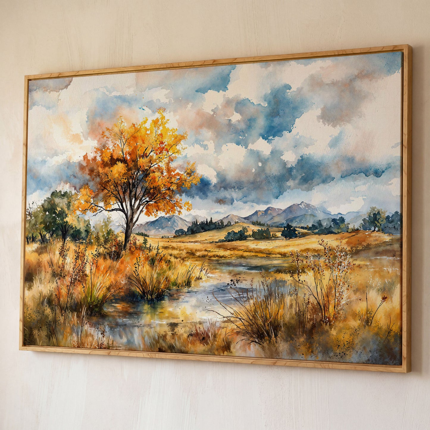 Autumn Mountains Canvas Print, Landscape shown in white oak floating frame