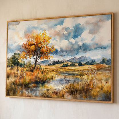 Autumn Mountains Canvas Print, Landscape shown in white oak floating frame