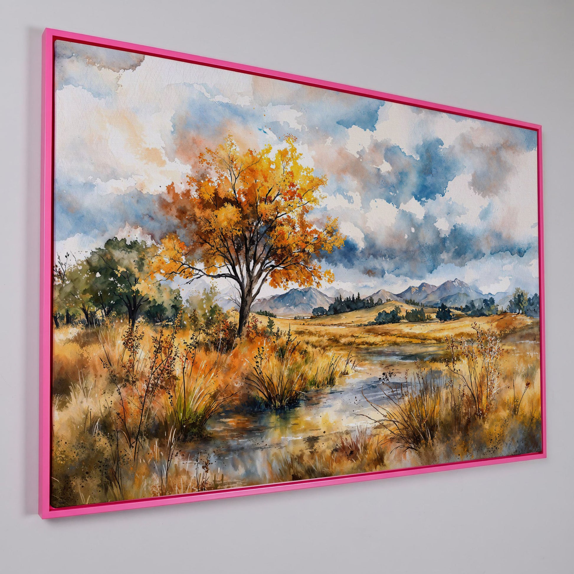 Autumn Mountains Canvas Print, Landscape in pink floating frame