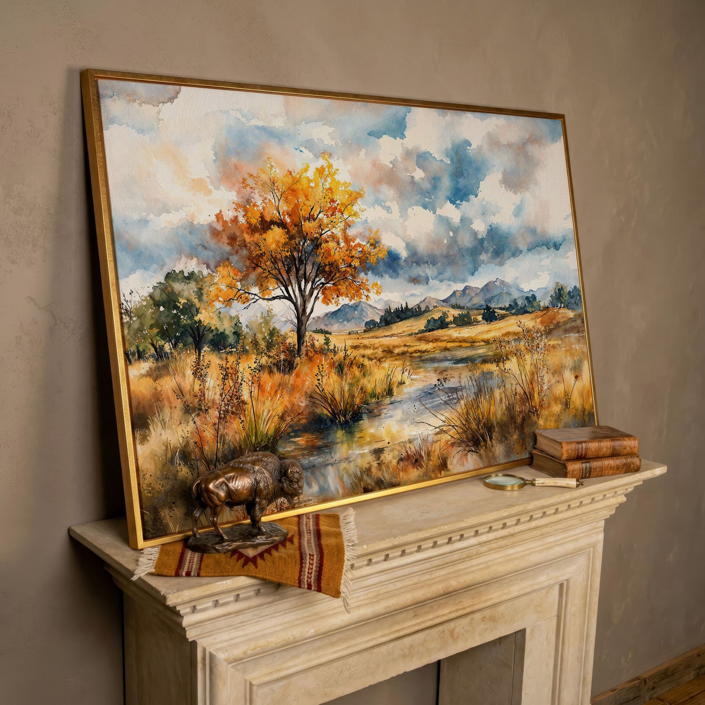 Autumn Mountains Canvas Print, Landscape in rose gold floating frame