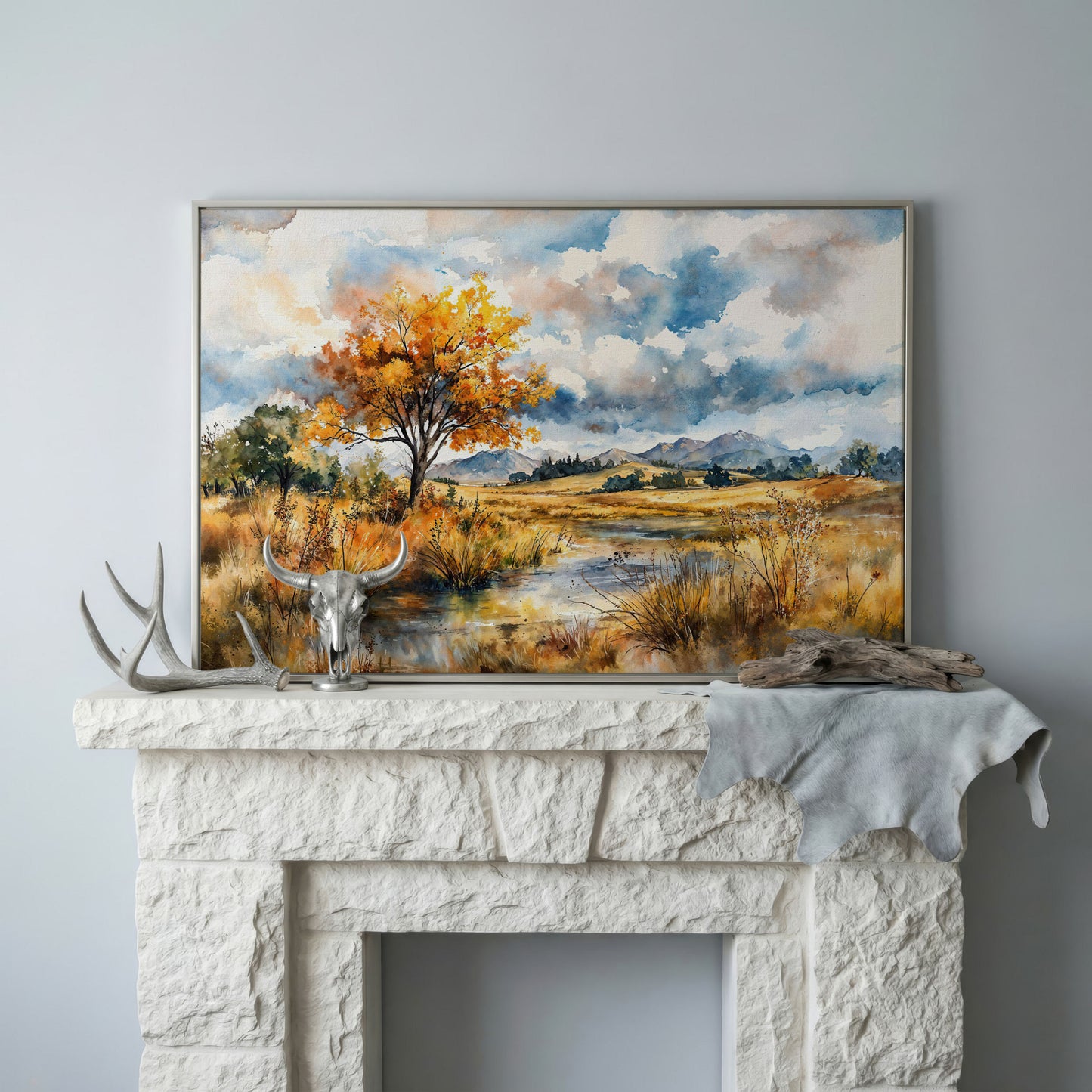 Autumn Mountains Canvas Print, Landscape in silver floating frame