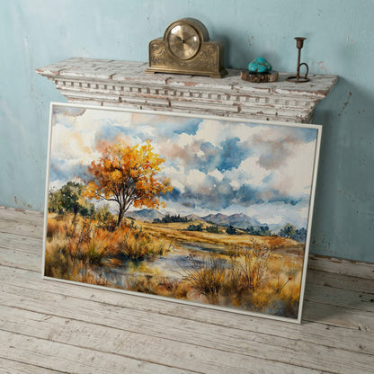Autumn Mountains Canvas Print, Landscape in white floating frame