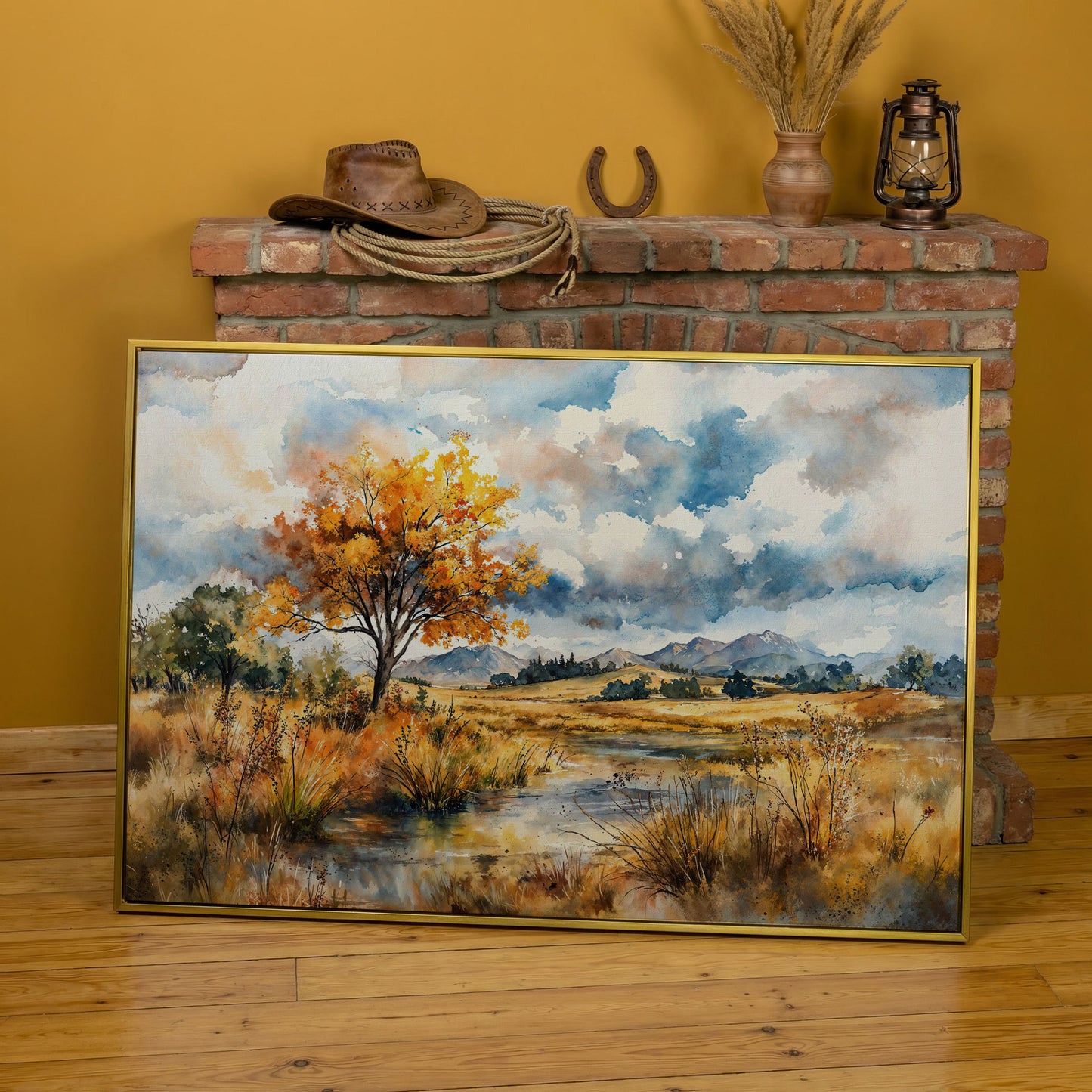 Autumn Mountains Canvas Print, Landscape in yellow gold floating frame