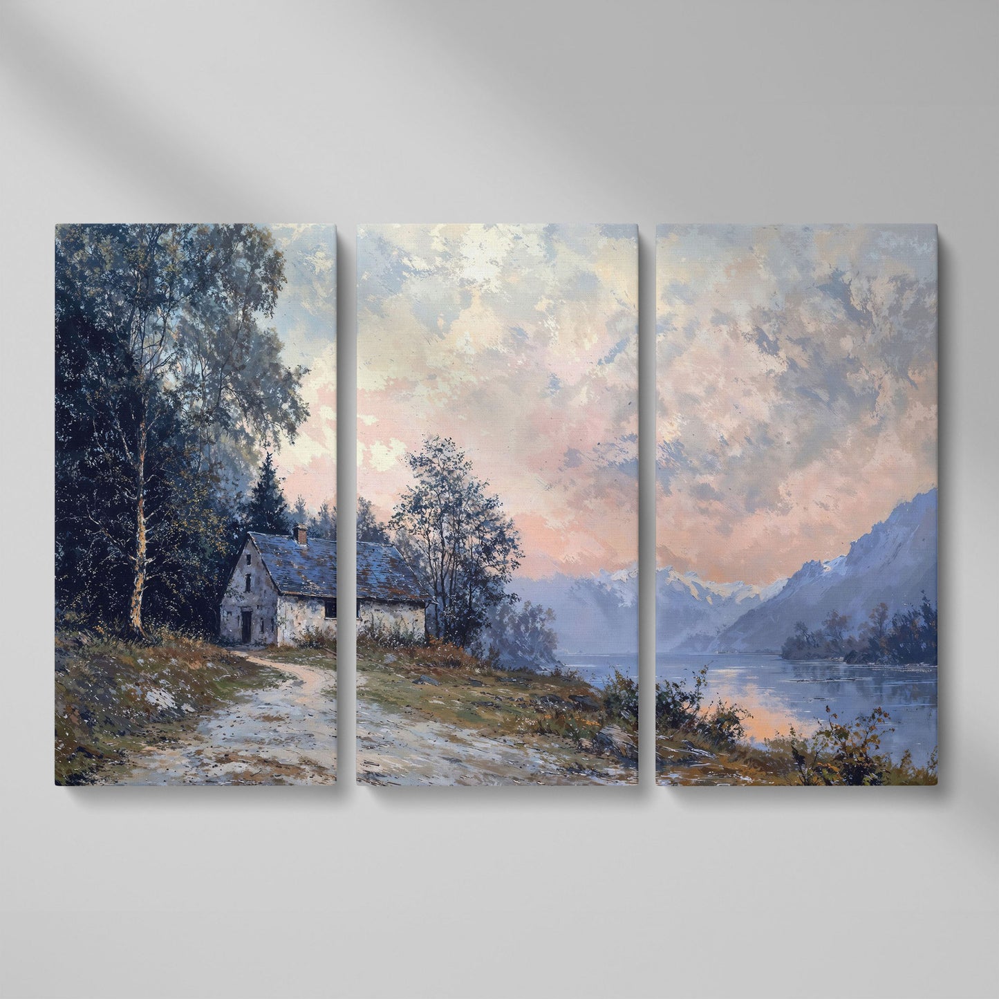 Rustic Cabin on Mountain Lake Canvas as 3-panel split version
