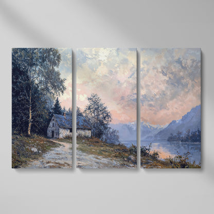 Rustic Cabin on Mountain Lake Canvas as 3-panel split version