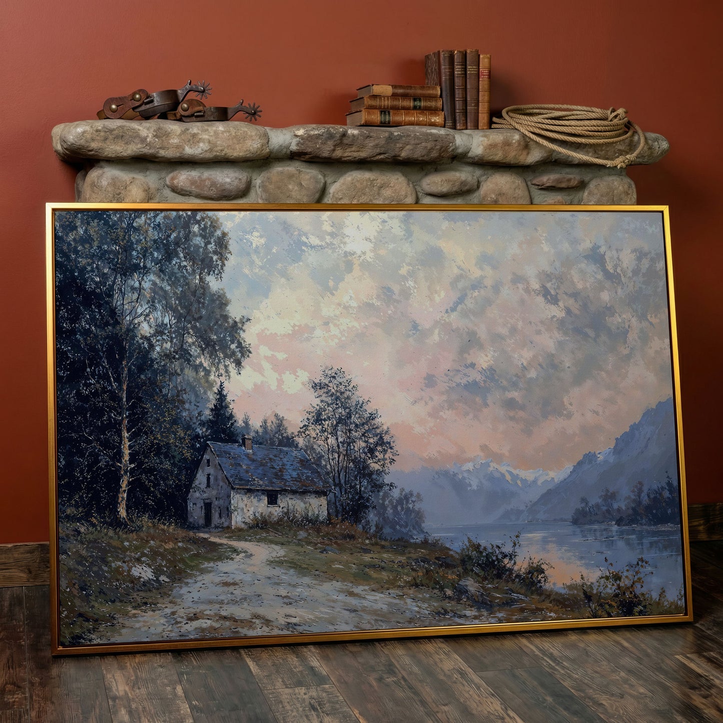 Rustic Cabin on Mountain Lake Canvas in antique gold floating frame