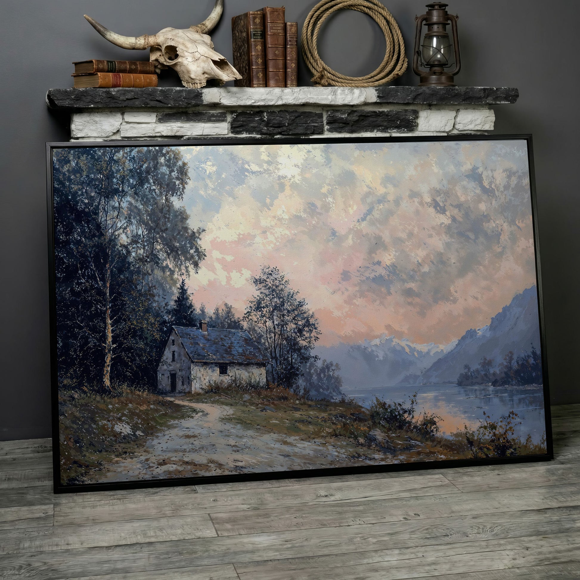Rustic Cabin on Mountain Lake Canvas in black floating frame
