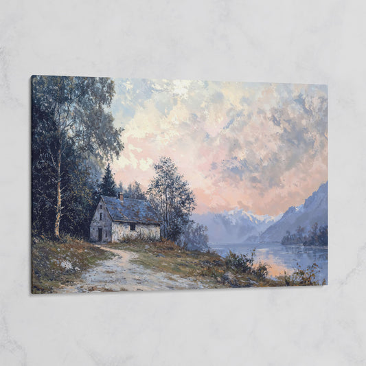 Rustic Cabin on Mountain Lake Canvas on gallery wrap