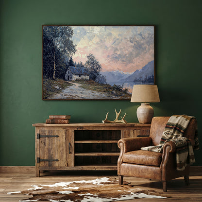 Rustic Cabin on Mountain Lake Canvas in dark walnut floating frame