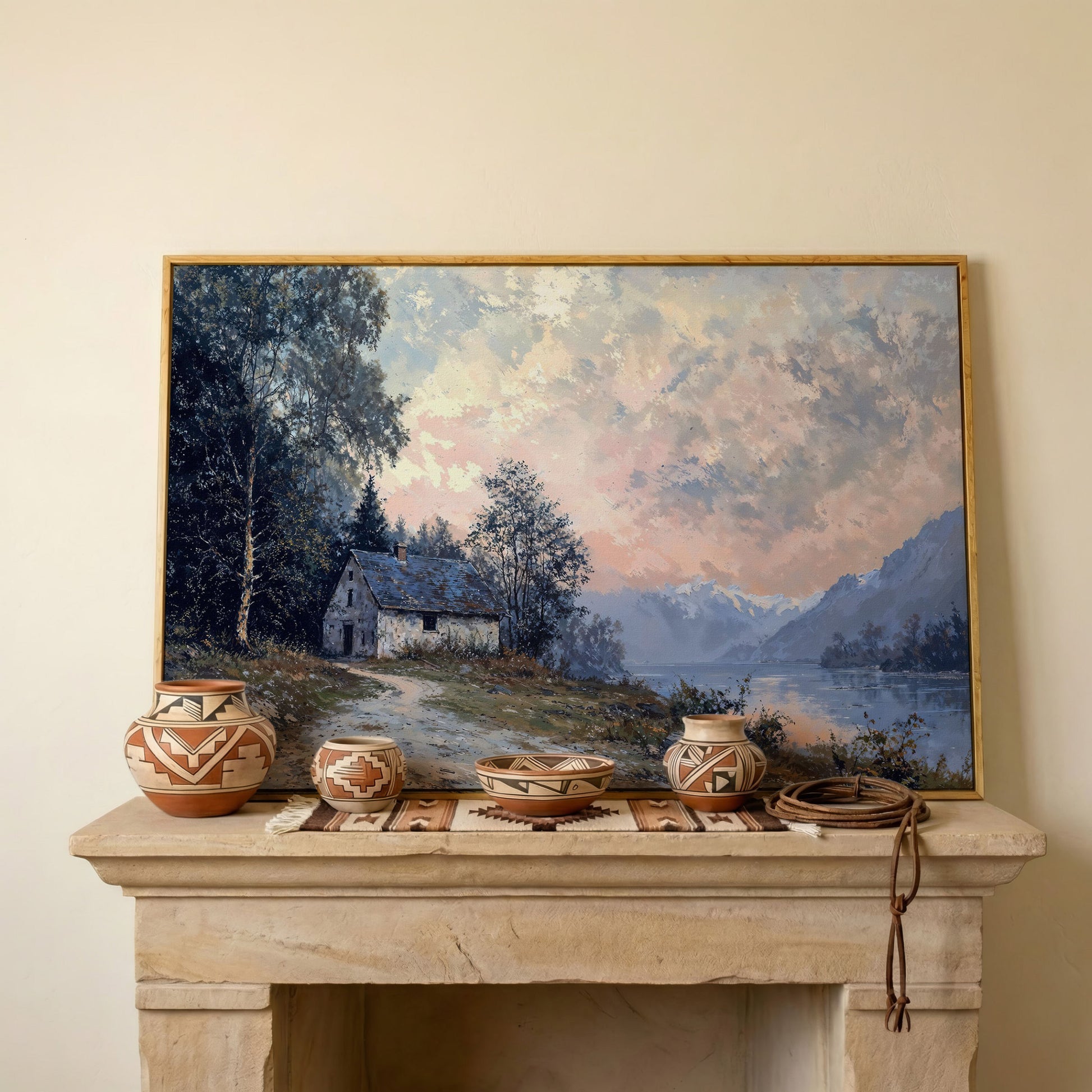Rustic Cabin on Mountain Lake Canvas in white oak floating frame