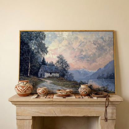 Rustic Cabin on Mountain Lake Canvas in white oak floating frame