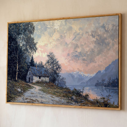 Rustic Cabin on Mountain Lake Canvas shown in white oak floating frame