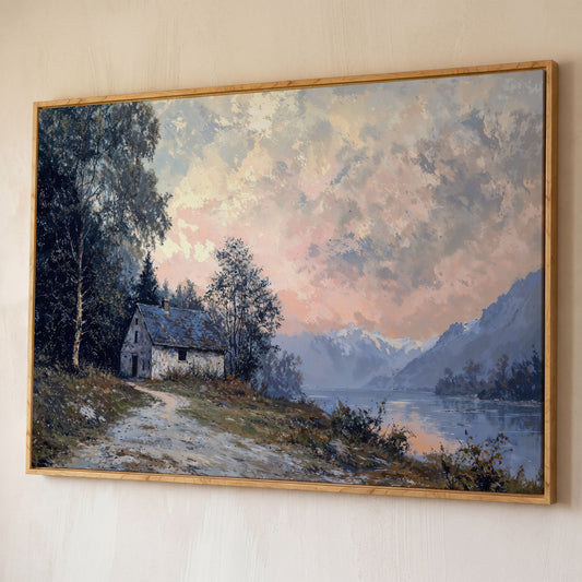 Rustic Cabin on Mountain Lake Canvas shown in white oak floating frame
