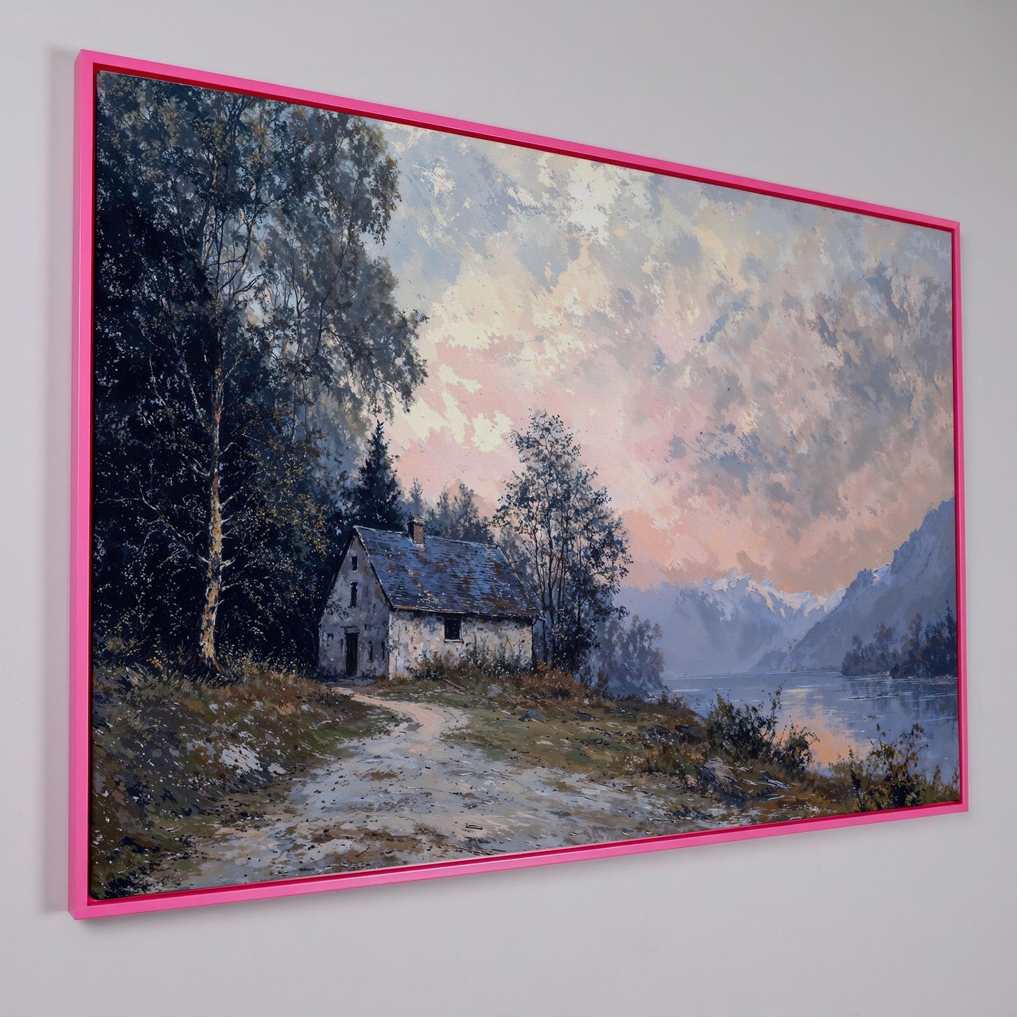 Rustic Cabin on Mountain Lake Canvas in pink floating frame