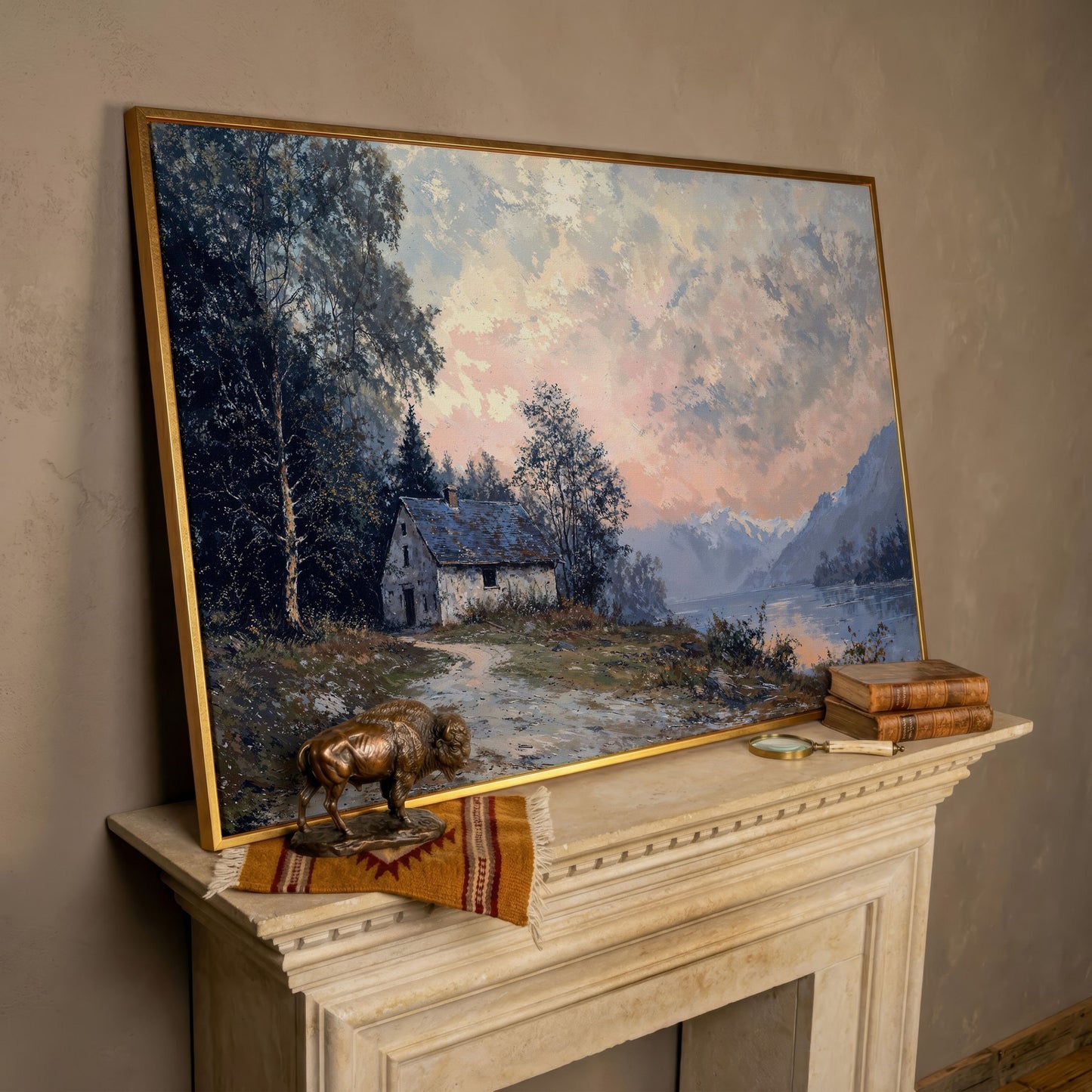 Rustic Cabin on Mountain Lake Canvas in rose gold floating frame