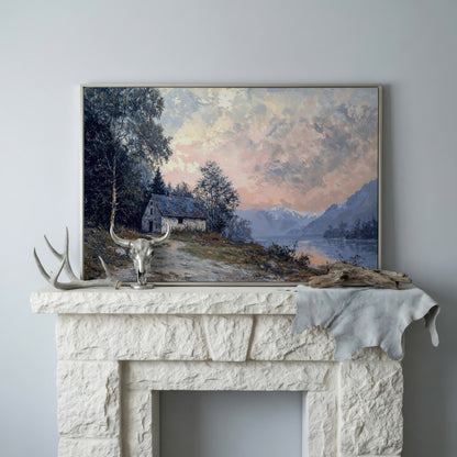 Rustic Cabin on Mountain Lake Canvas in silver floating frame