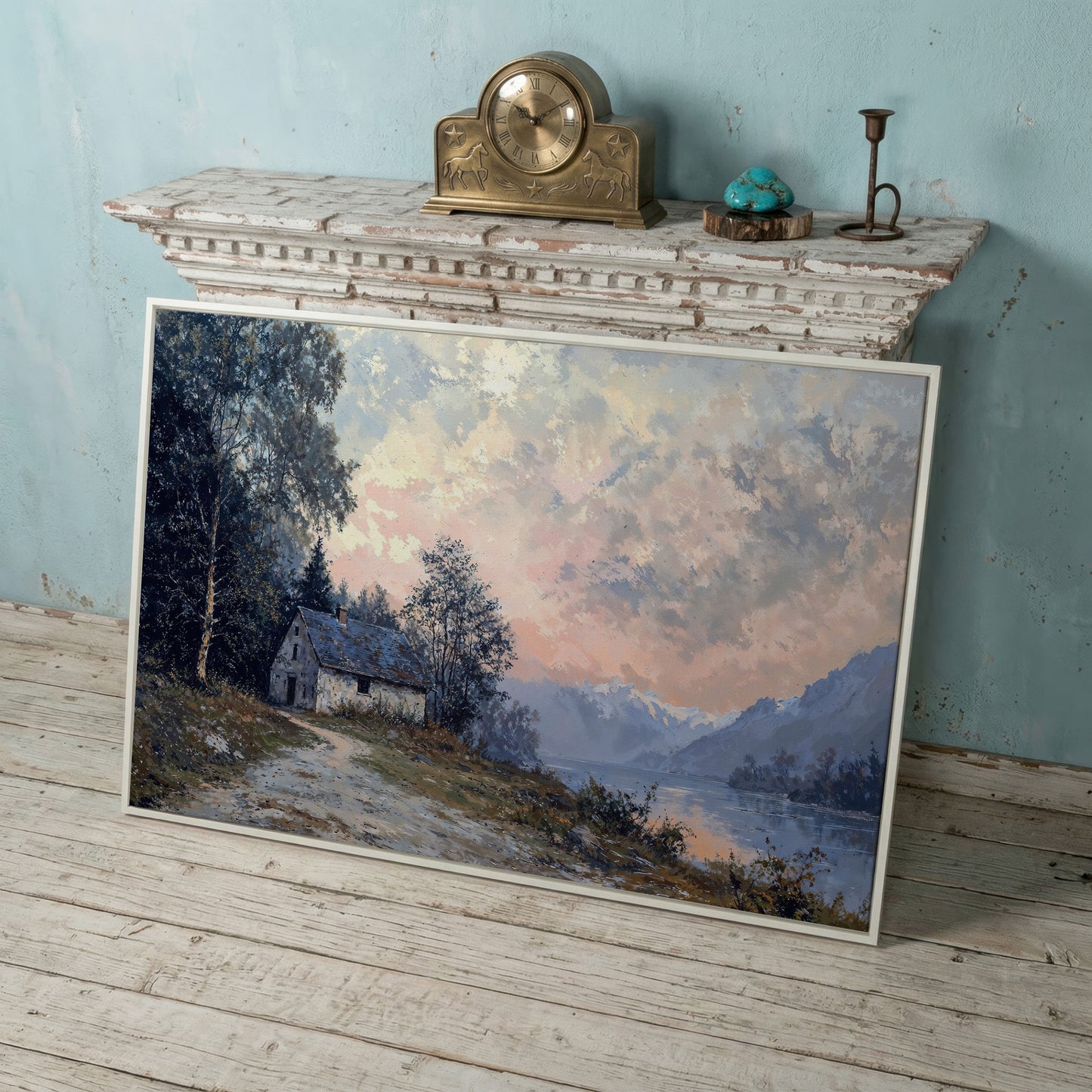 Rustic Cabin on Mountain Lake Canvas in white floating frame