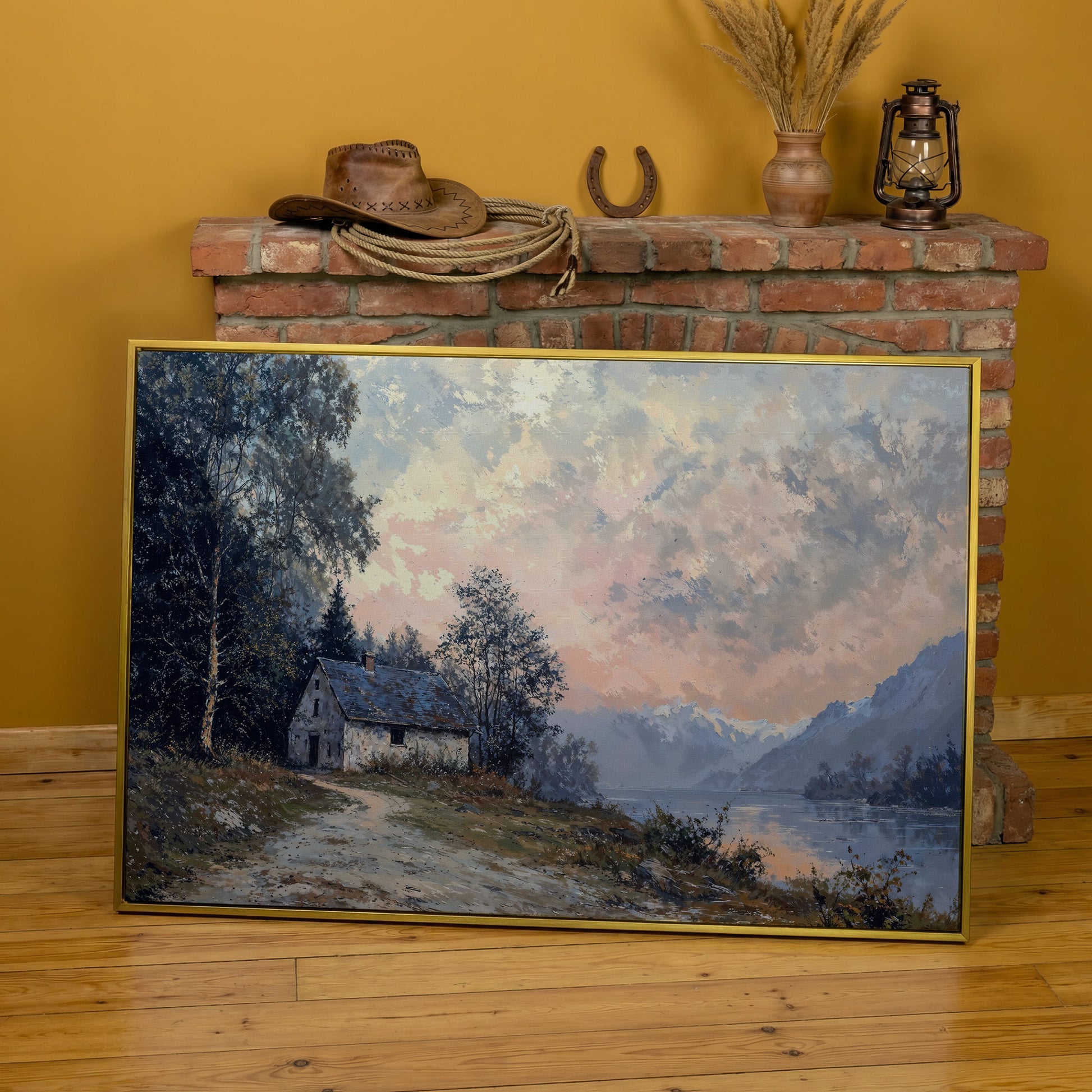Rustic Cabin on Mountain Lake Canvas in yellow gold floating frame