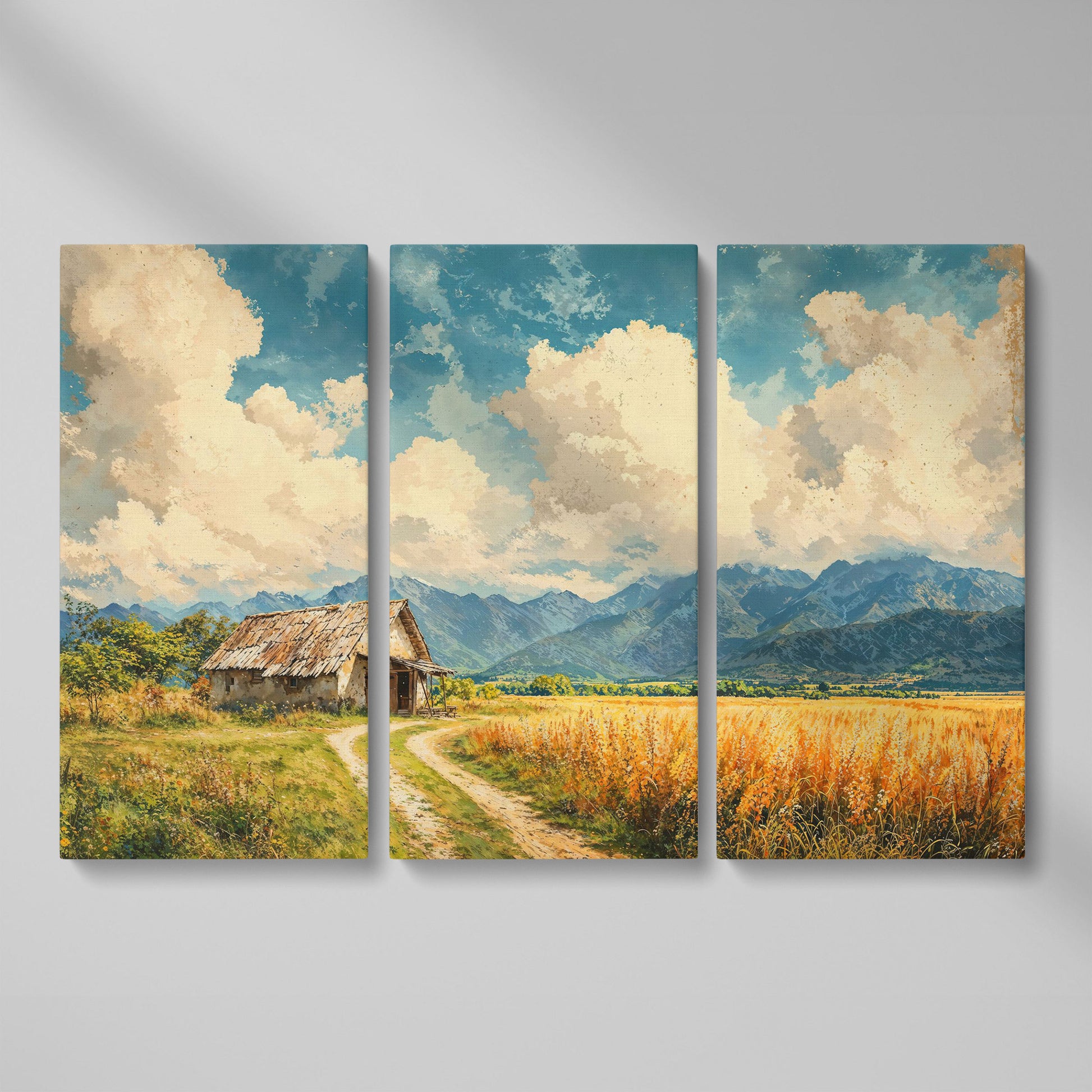Mountain Landscape with Cabin and Wheat Field Canvas as 3-panel split version