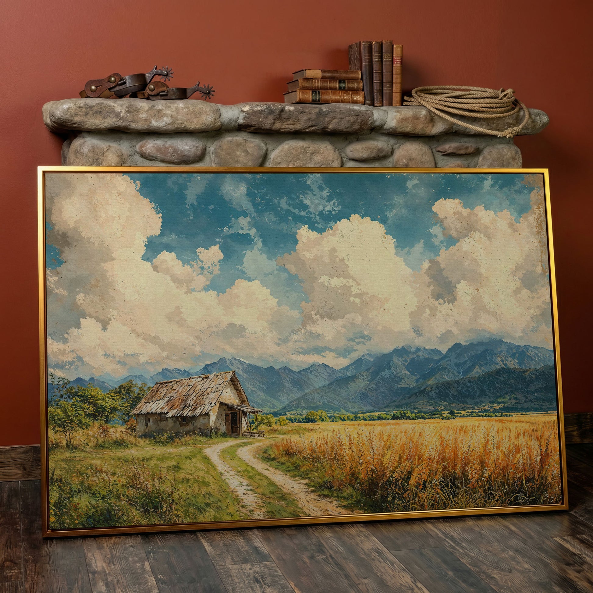 Mountain Landscape with Cabin and Wheat Field Canvas in antique gold floating frame