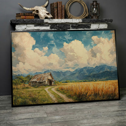 Mountain Landscape with Cabin and Wheat Field Canvas in black floating frame
