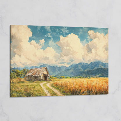 Mountain Landscape with Cabin and Wheat Field Canvas on gallery wrap