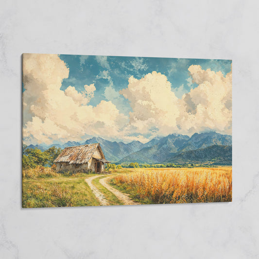 Mountain Landscape with Cabin and Wheat Field Canvas on gallery wrap
