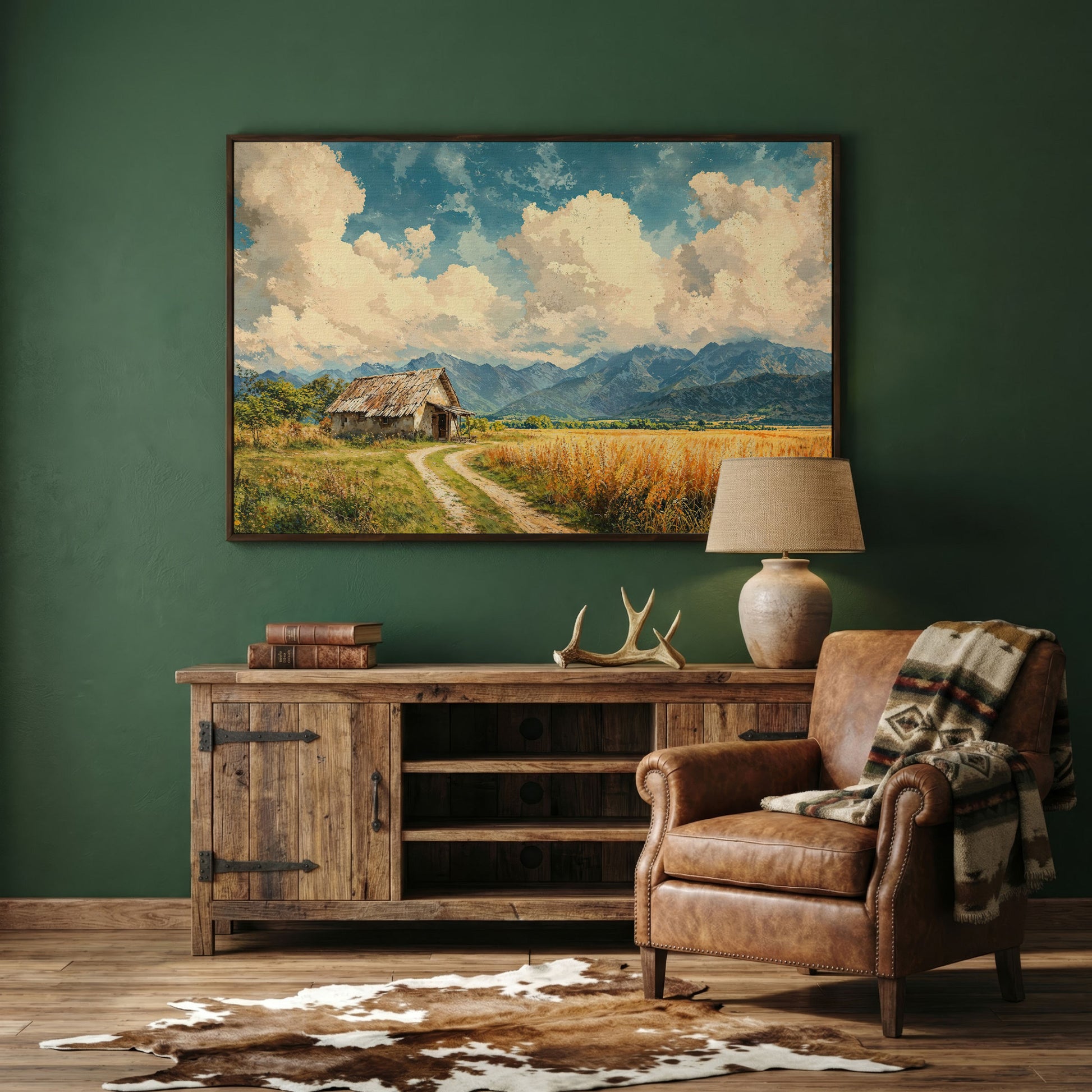 Mountain Landscape with Cabin and Wheat Field Canvas in dark walnut floating frame