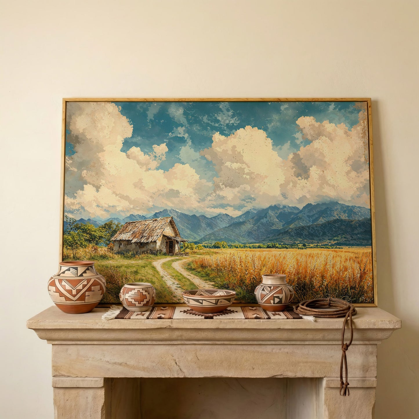 Mountain Landscape with Cabin and Wheat Field Canvas in white oak floating frame
