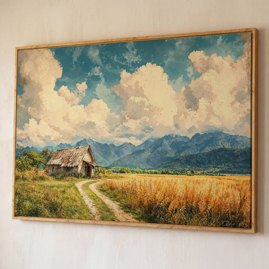 Mountain Landscape with Cabin and Wheat Field Canvas shown in white oak floating frame