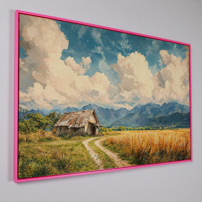 Mountain Landscape with Cabin and Wheat Field Canvas in pink floating frame