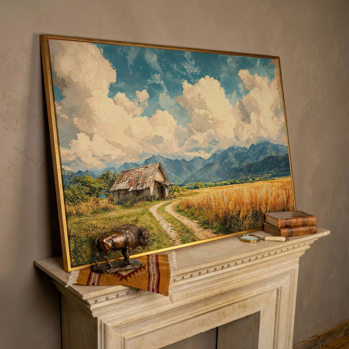 Mountain Landscape with Cabin and Wheat Field Canvas in rose gold floating frame