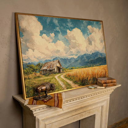 Mountain Landscape with Cabin and Wheat Field Canvas in rose gold floating frame