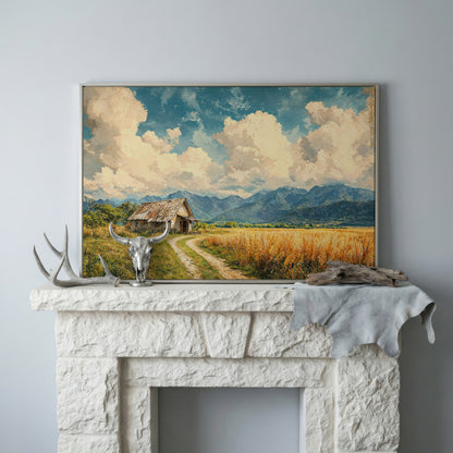 Mountain Landscape with Cabin and Wheat Field Canvas in silver floating frame