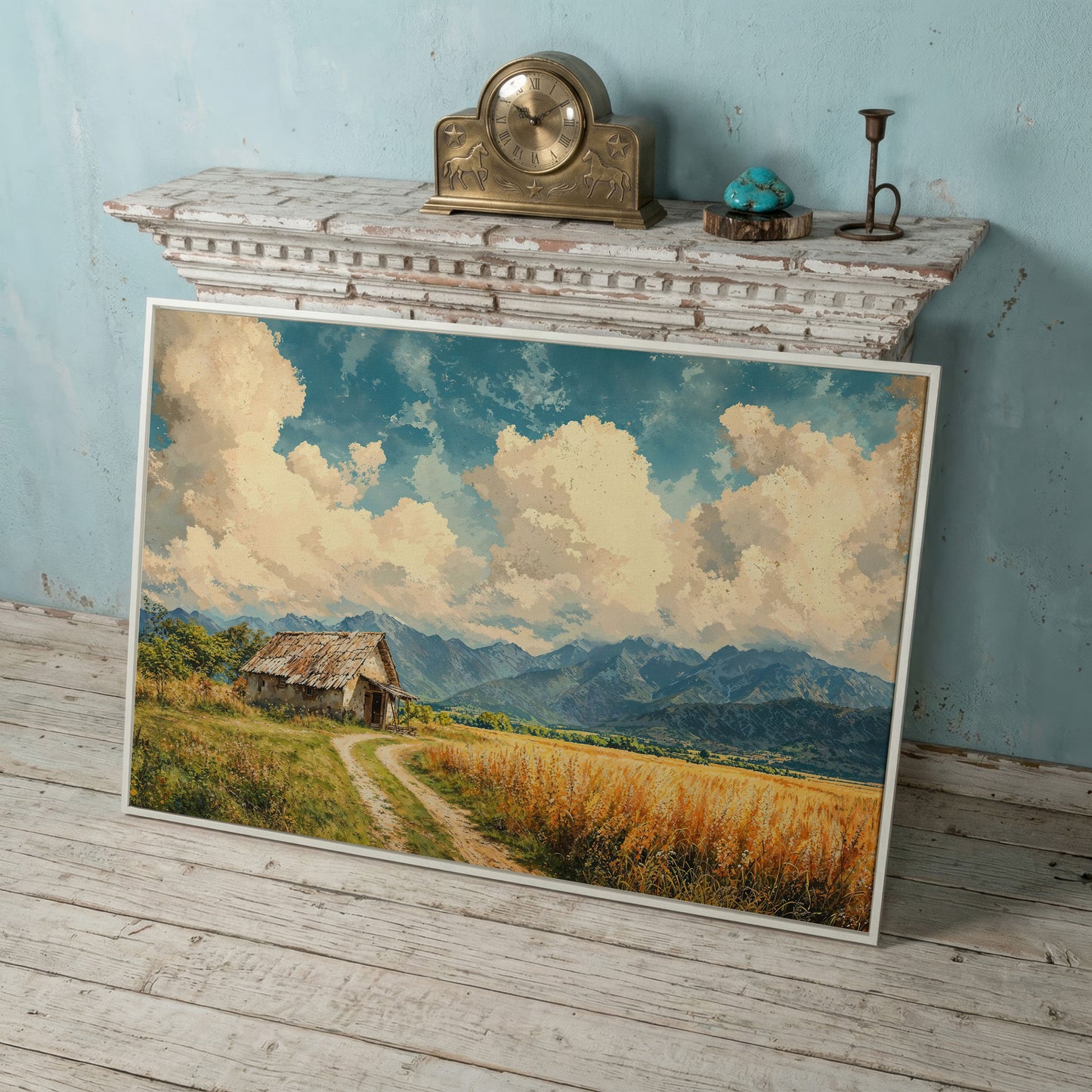 Mountain Landscape with Cabin and Wheat Field Canvas in white floating frame