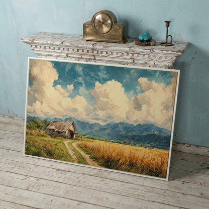 Mountain Landscape with Cabin and Wheat Field Canvas in white floating frame