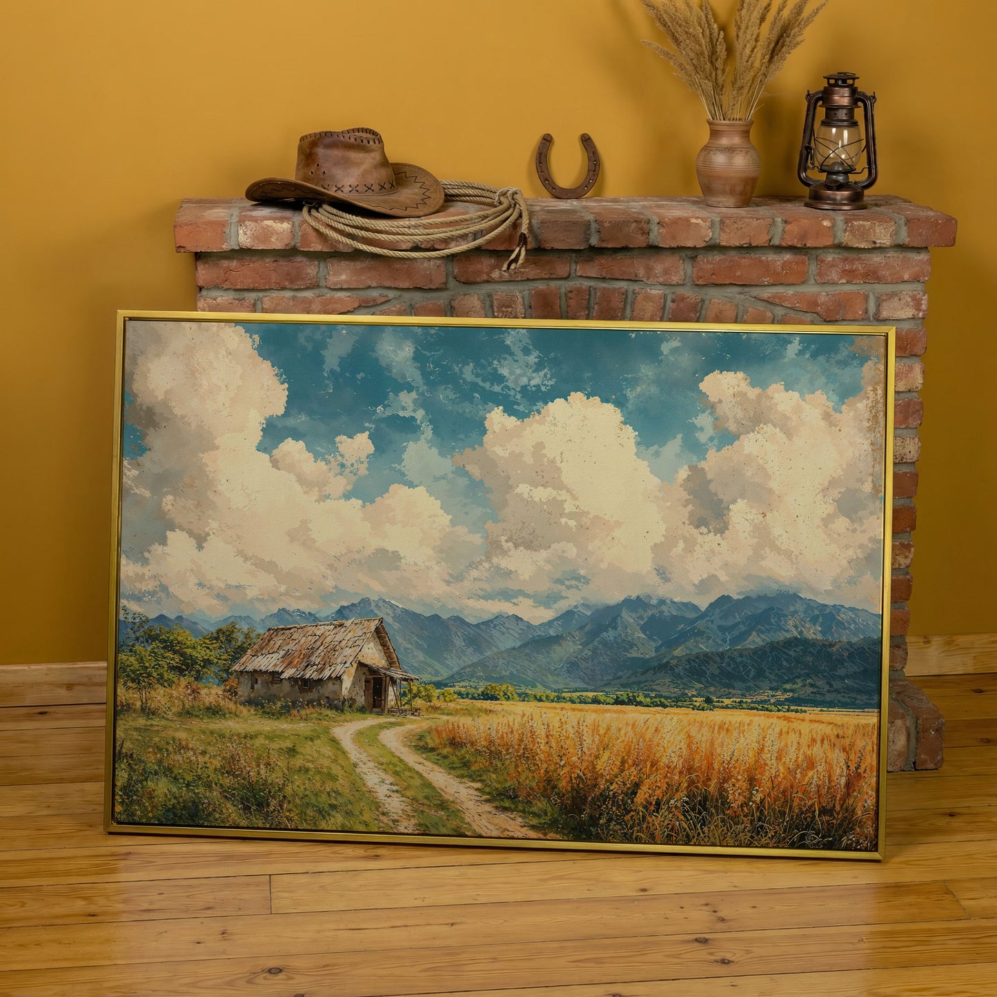 Mountain Landscape with Cabin and Wheat Field Canvas in yellow gold floating frame