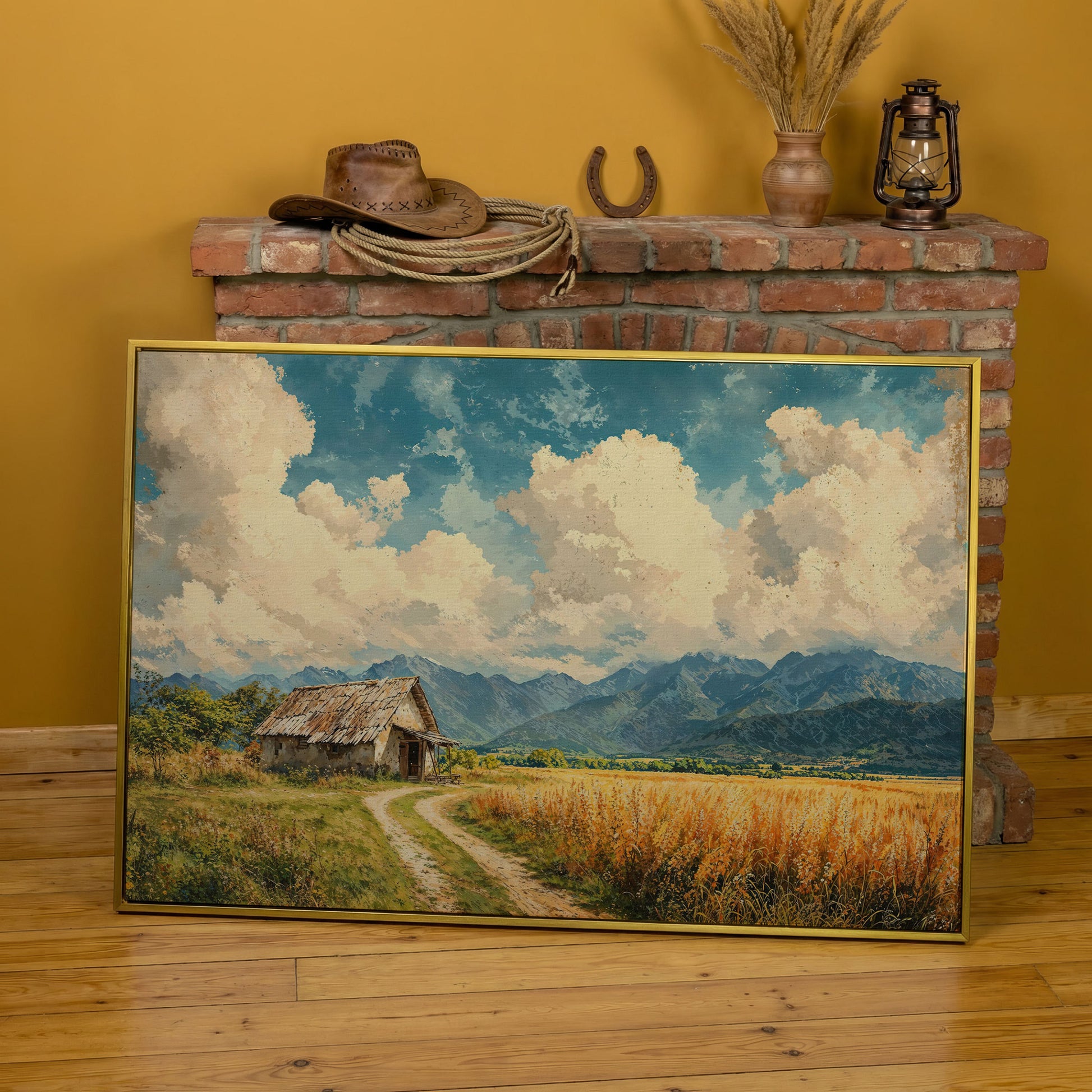 Mountain Landscape with Cabin and Wheat Field Canvas in yellow gold floating frame
