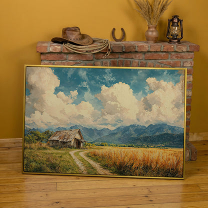 Mountain Landscape with Cabin and Wheat Field Canvas in yellow gold floating frame