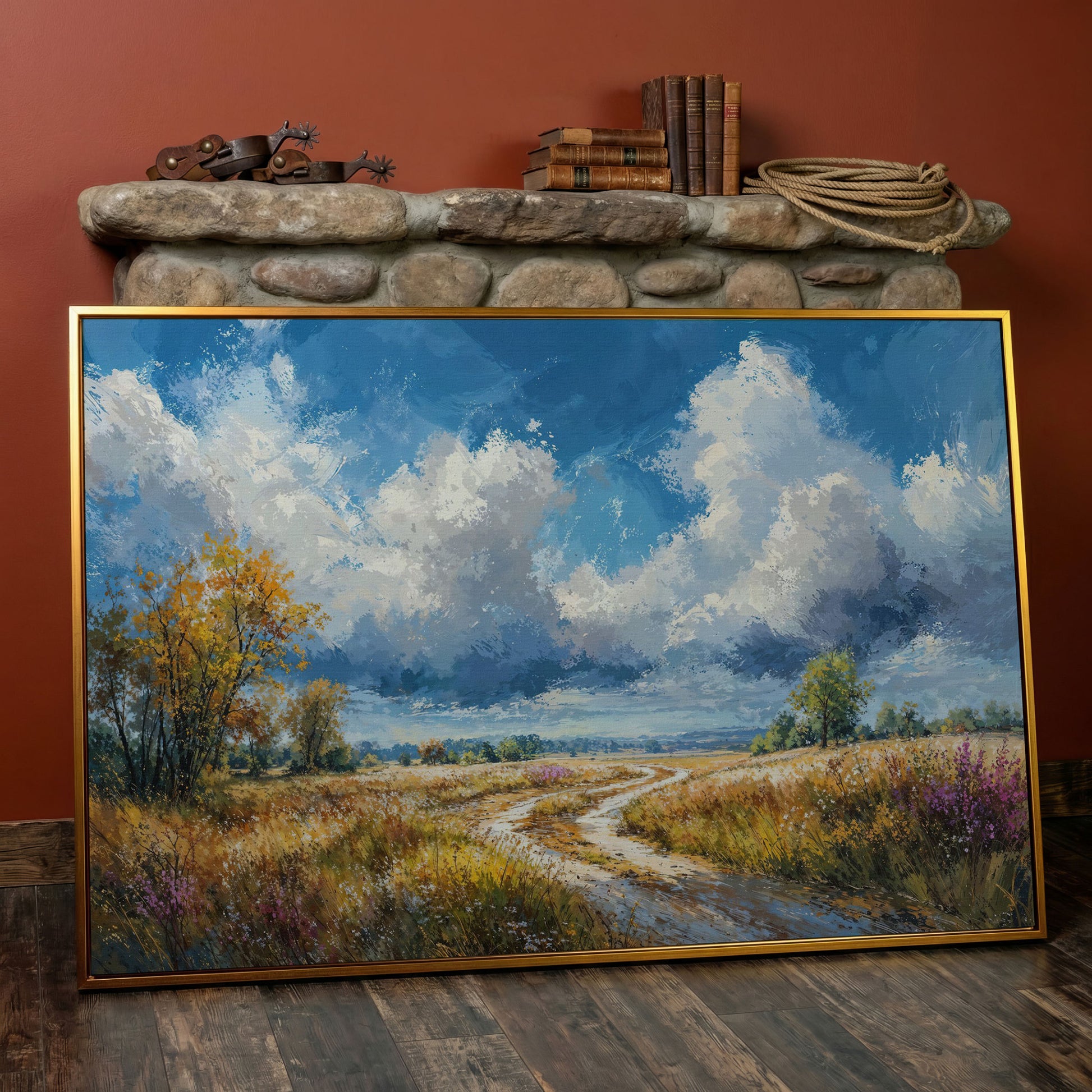 Wheat Field Path Canvas Print in antique gold floating frame
