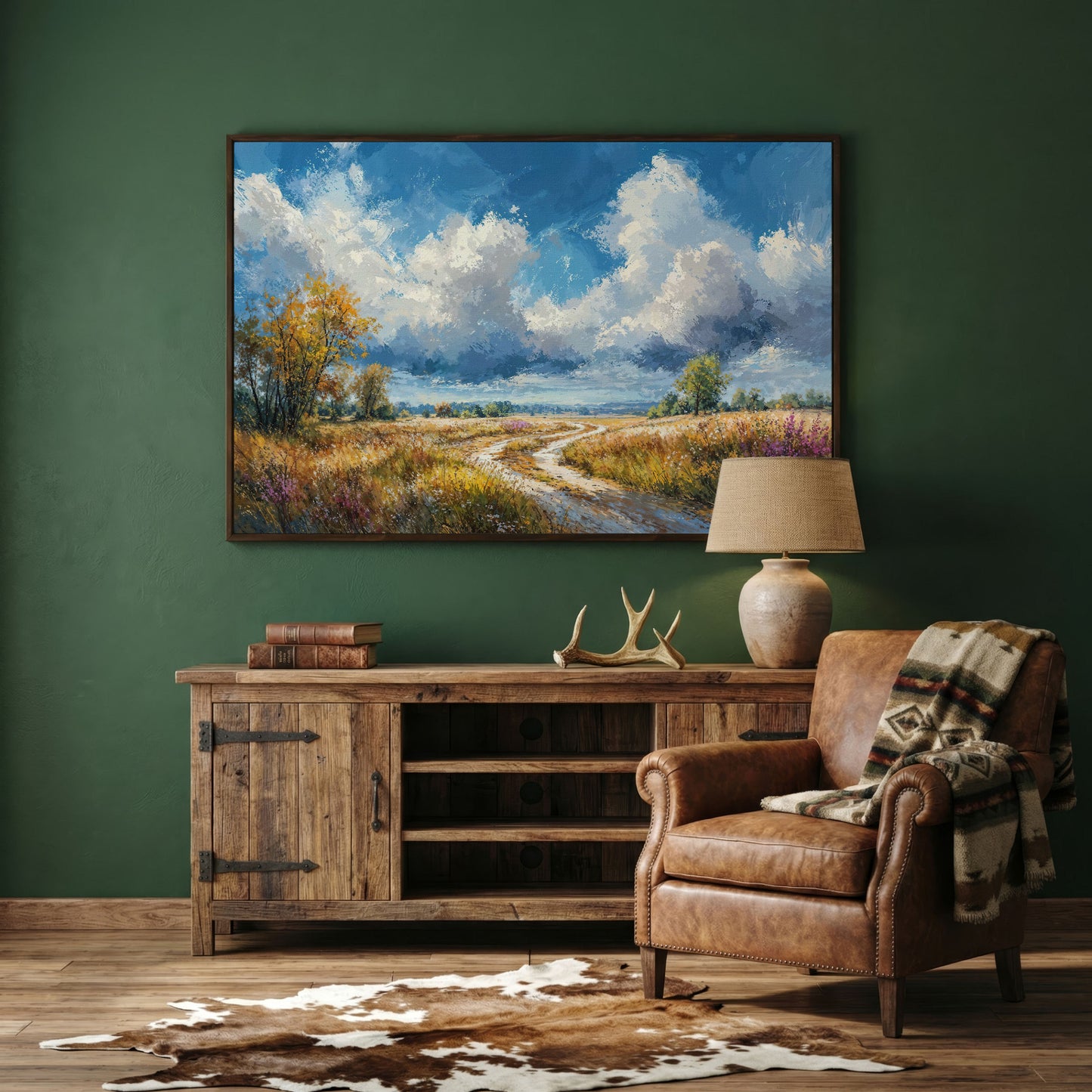 Wheat Field Path Canvas Print in dark walnut floating frame