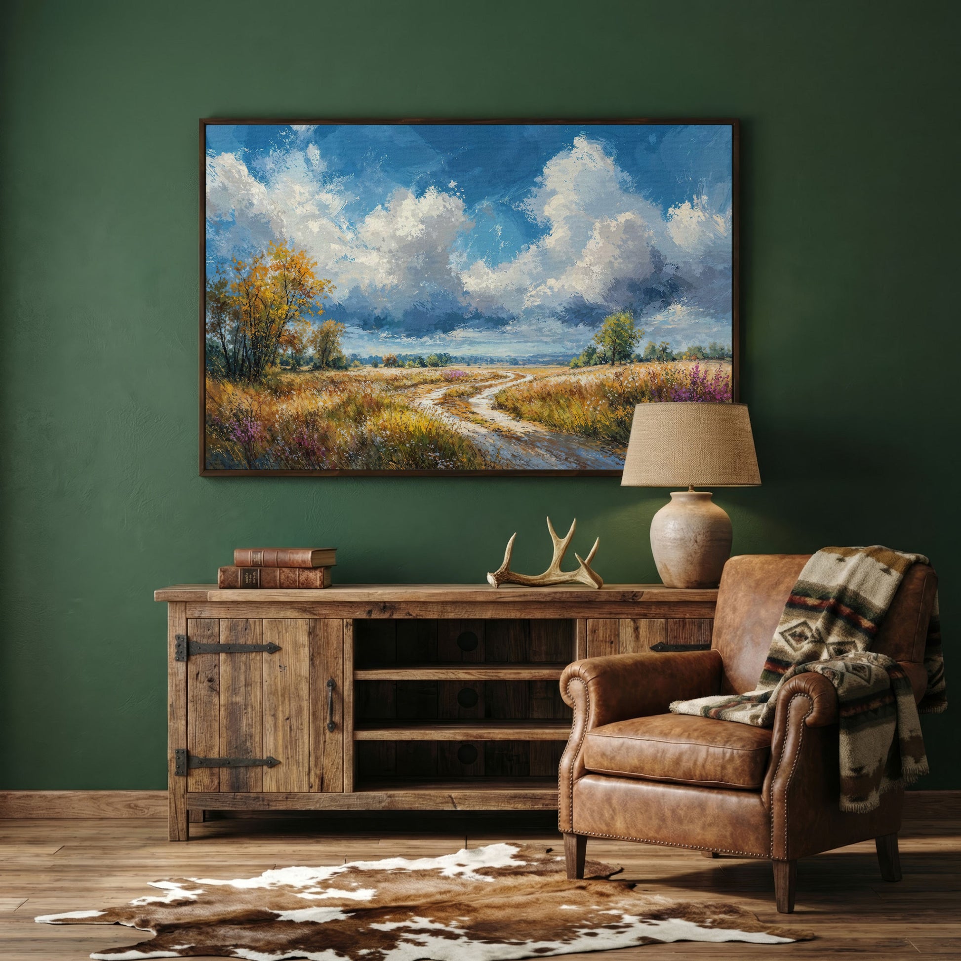 Wheat Field Path Canvas Print in dark walnut floating frame